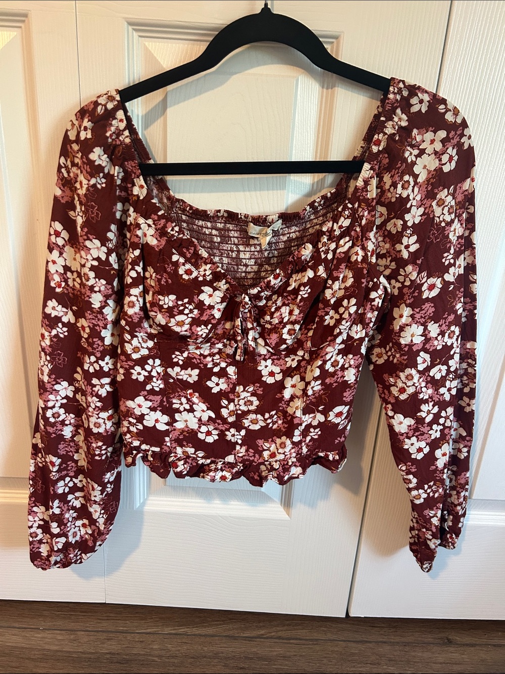Floral Tie-Front Peasant Blouse - Burgundy Pink